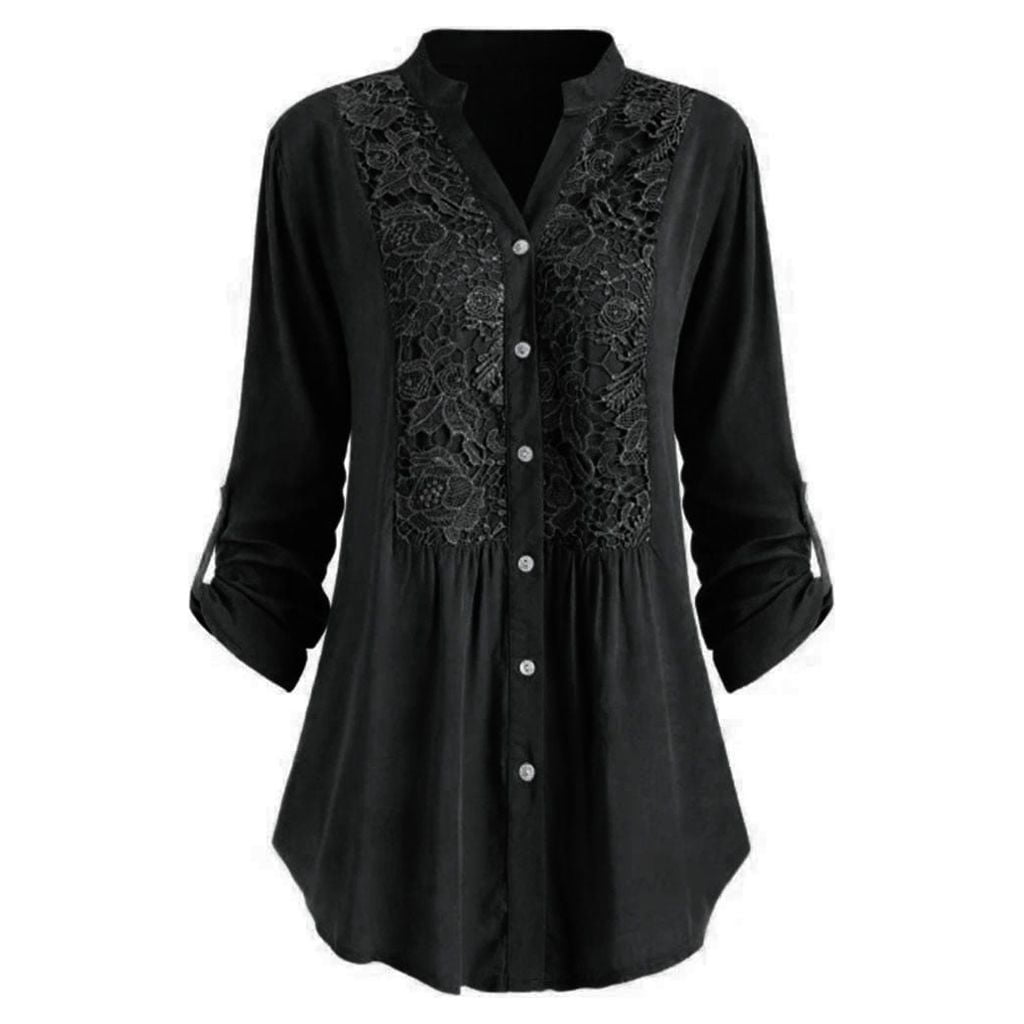 Plus Size Button Down Bell Sleeves Mock Neck Shirt