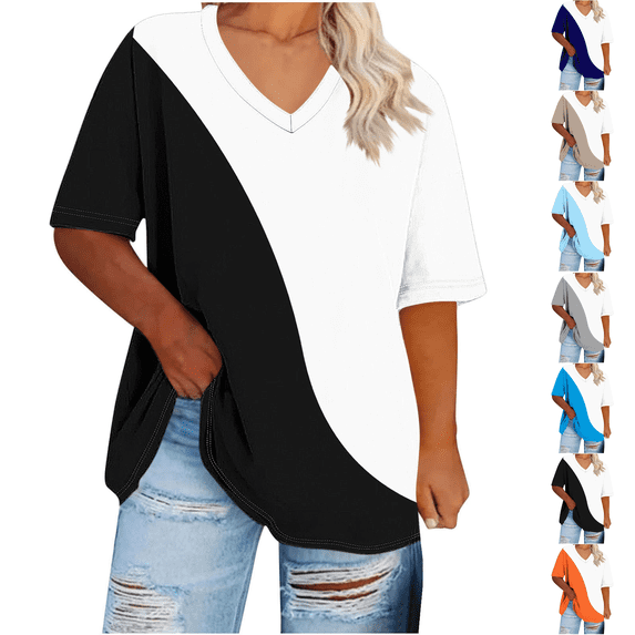 Womens Plus Size V Neck Short Sleeve T Shirts Loose Color Block Tees Summer Casual Everyday Tops,Sizes S-5XL