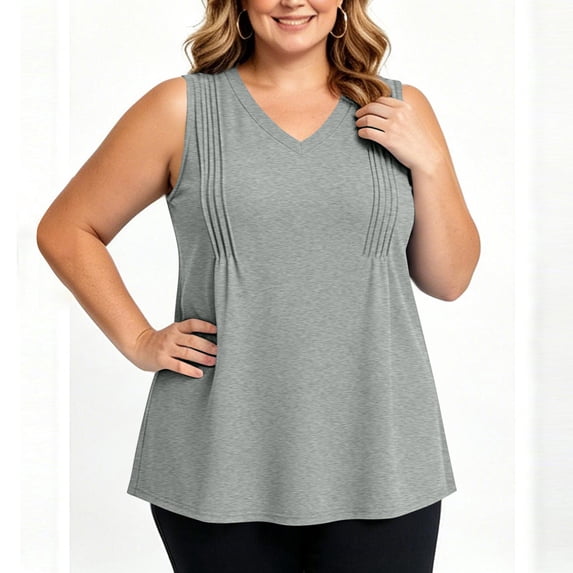 Womens Plus Size V-Neck Sleeveless Flowy Swing Tank Top - Loose Fit Pleated Casual Summer Top, Gray,Size 3XL