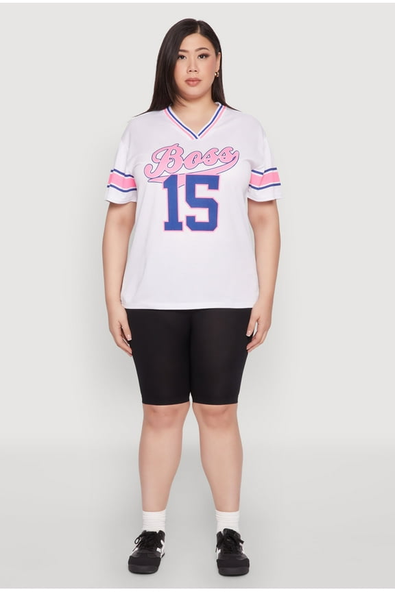 Womens Plus Size Varsity Stripe Boss 15 Graphic Jersey