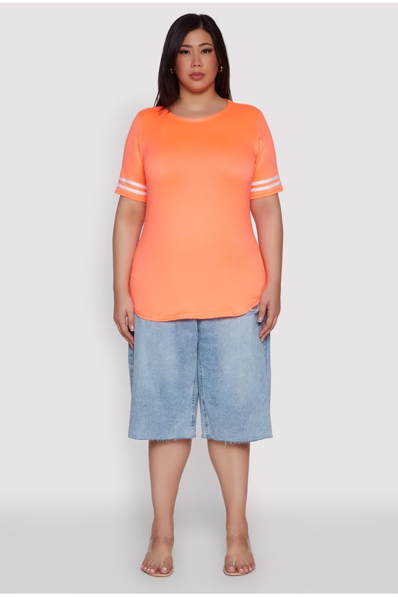 Womens Plus Size Varsity Stripe Sleeve Tee