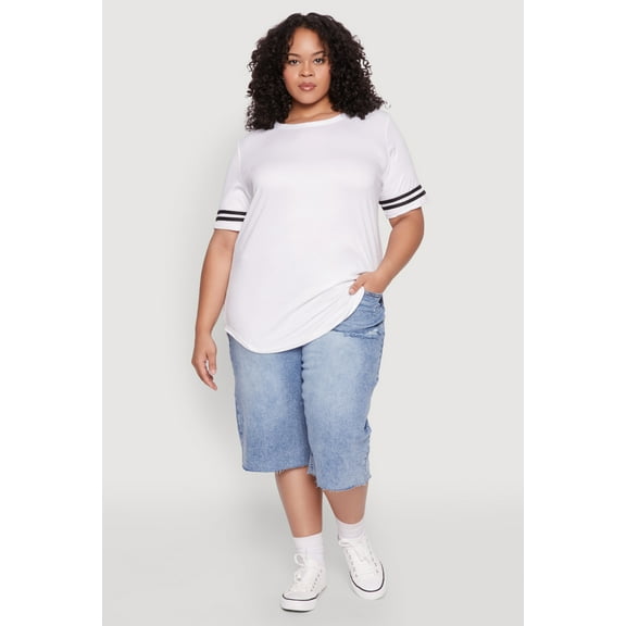Womens Plus Size Varsity Stripe Sleeve Tee