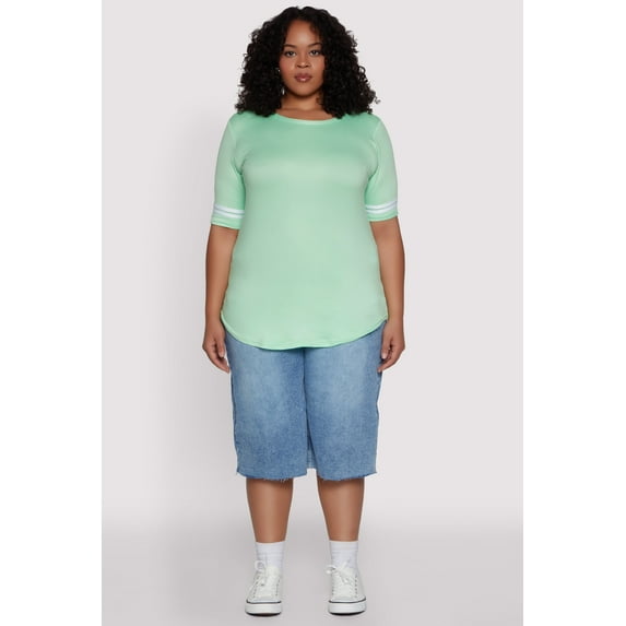 Womens Plus Size Varsity Stripe Sleeve Tee