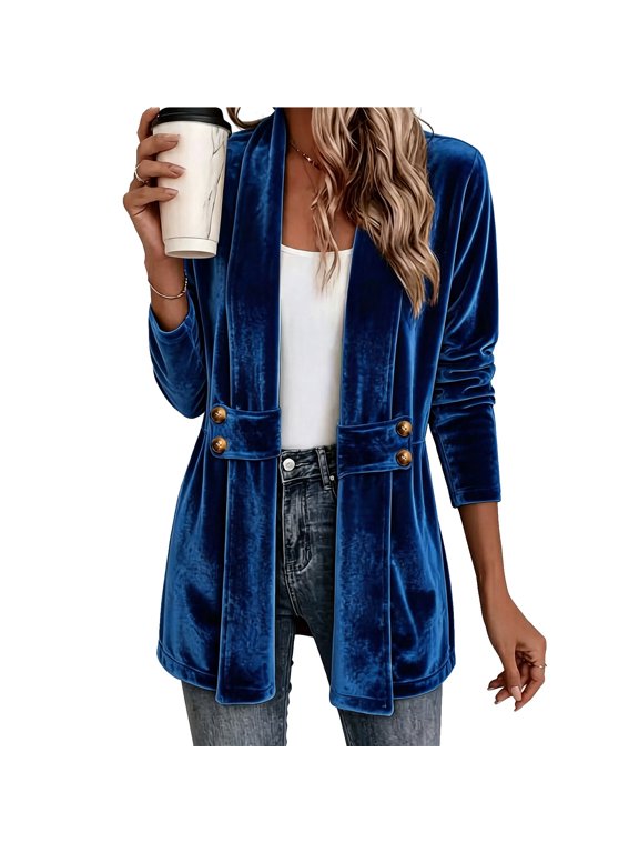 Womens Plus Size Velvet Knit Cardigan Double Button Decorative Front Cozy Longline Outerwear Casual Top