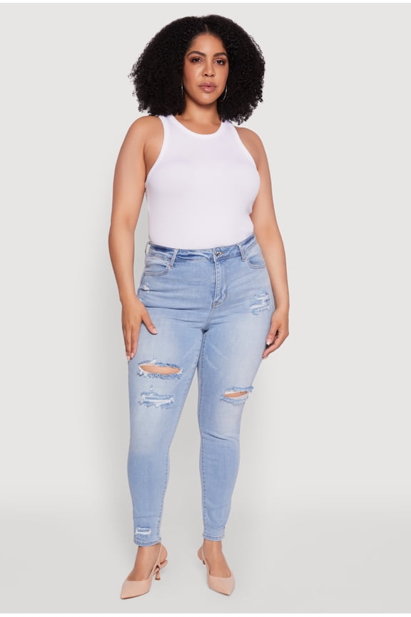 Womens Plus Size WAX Distressed High Waisted Skinny Leg Jeans