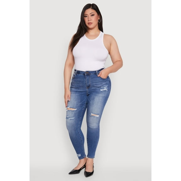 Womens Plus Size WAX Distressed High Waisted Skinny Leg Jeans