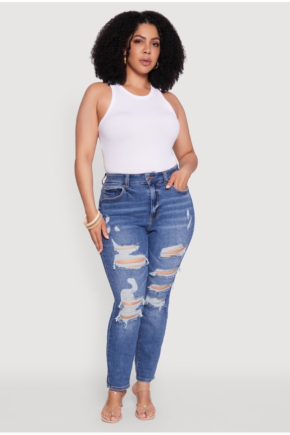 Womens Plus Size WAX High Waist Whiskered Distressed Jeans