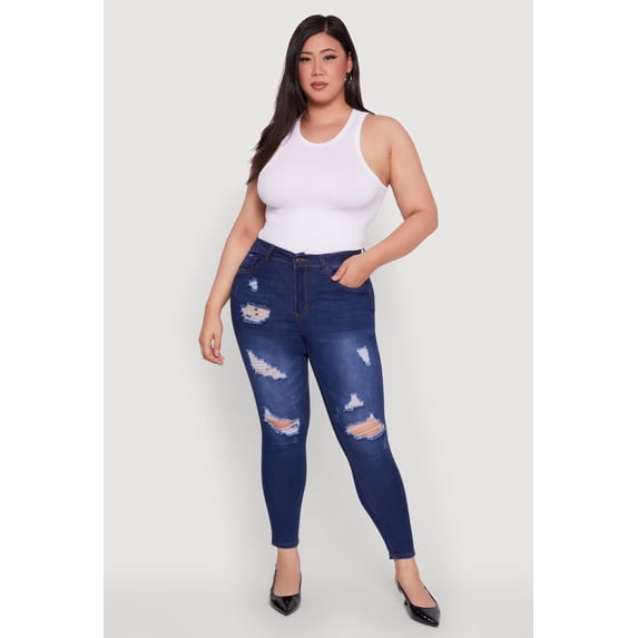 Women's Plus Size WAX High Waisted Distressed Frayed Skinny Jeans