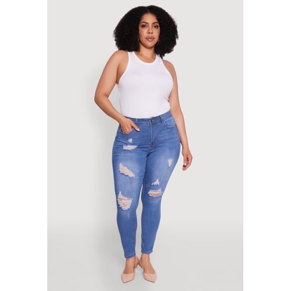 Womens Plus Size WAX High Waisted Distressed Frayed Skinny Jeans