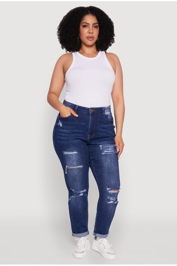 Women's Plus Size WAX High Waisted Distressed Mom Jeans