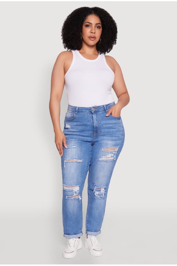 Women's Plus Size WAX High Waisted Distressed Mom Jeans