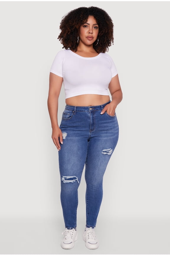 Womens Plus Size WAX High Waisted Distressed Skinny Jeans