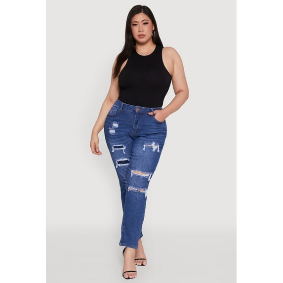 Womens Plus Size WAX High Waisted Distressed and Frayed Jeans