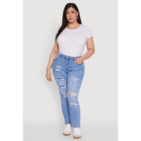 Womens Plus Size WAX High Waisted Distressed and Frayed Jeans