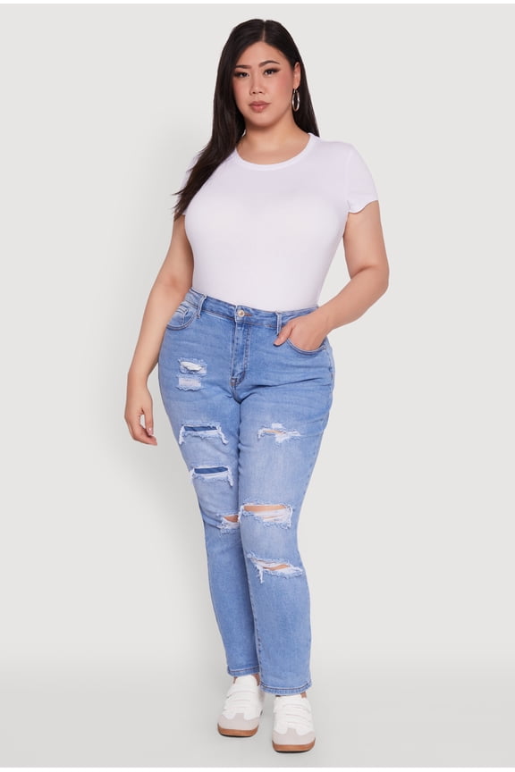 Women's Plus Size WAX High Waisted Distressed and Frayed Jeans