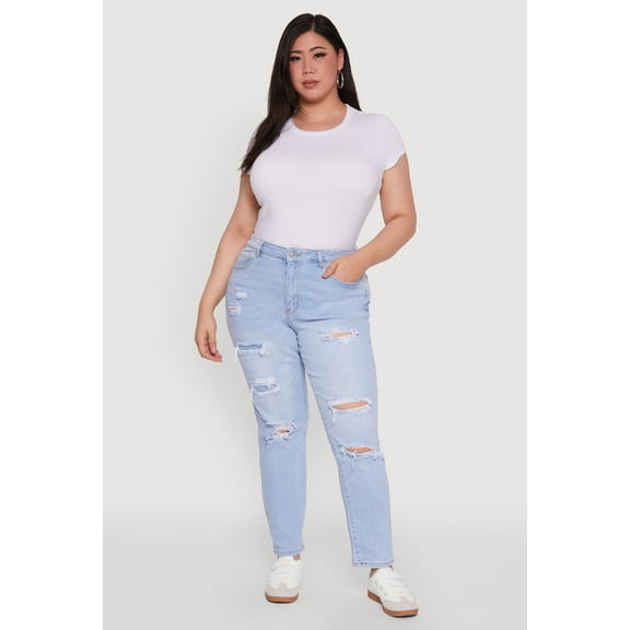 Womens Plus Size WAX High Waisted Distressed and Frayed Jeans