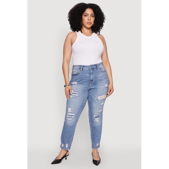 Womens Plus Size WAX Patch Distressed High Waist Slim Straight Jeans