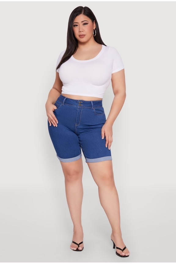 Womens Plus Size WAX Two Button Denim Bermuda Shorts