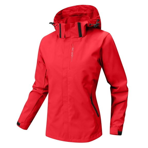Womens Plus Size Waterproof Jackets Light Weight Windbreaker Hooded Jacket Fall Winter Outdoor Hiking Raincoat Red, M