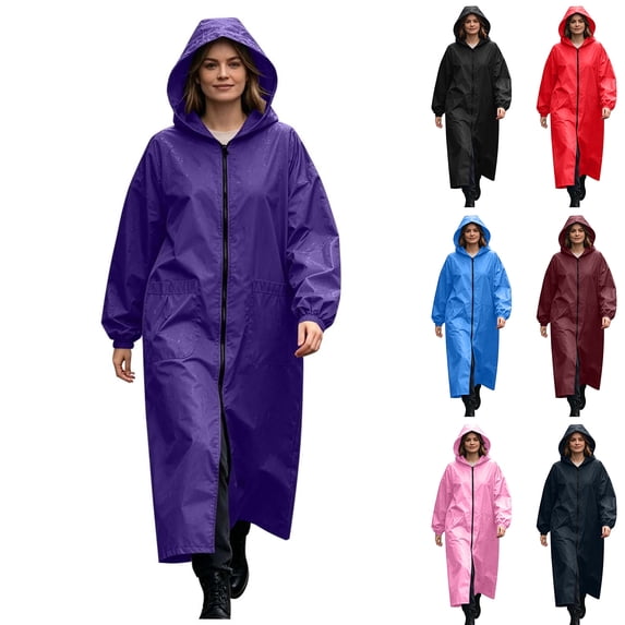 Womens Plus Size Waterproof Long Raincoat Lightweight Full Zipper Hooded Windbreaker Poncho With Pockets