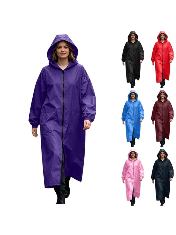 Womens Plus Size Waterproof Long Raincoat Lightweight Full Zipper Hooded Windbreaker Poncho With Pockets
