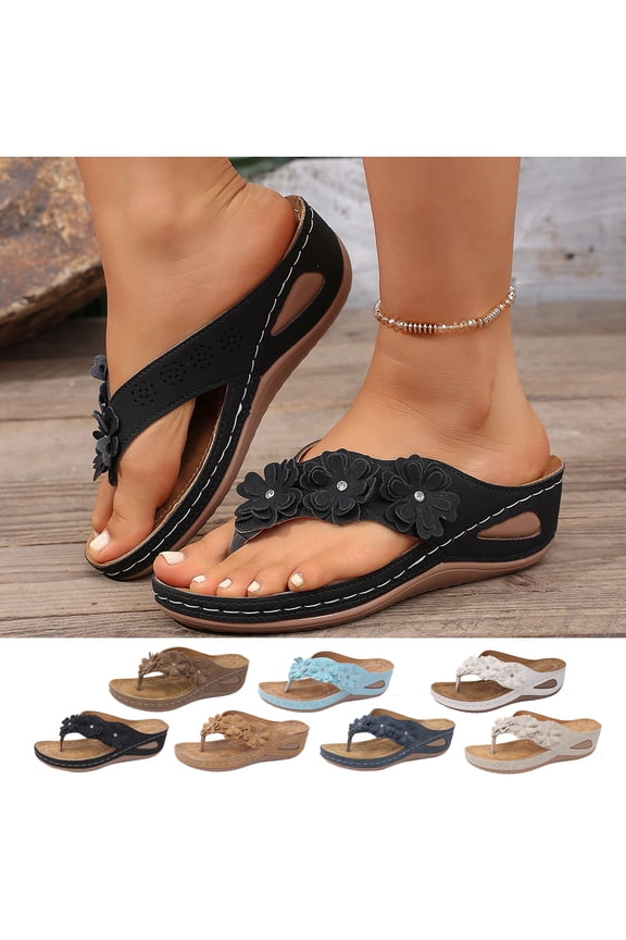 Womens Plus Size Wedge Sandals Floral Thong Flip Flops Slip-On Casual Spring Summer Shoes, Black