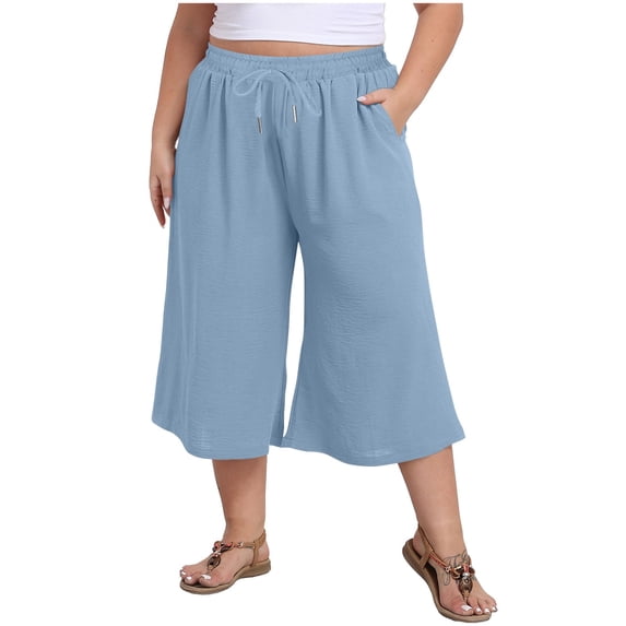 Womens Plus Size Wide Leg Pants Casual Solid Color Summer 3/4 Shorts Shorts Drawstring With Pockets Shorts Light Blue