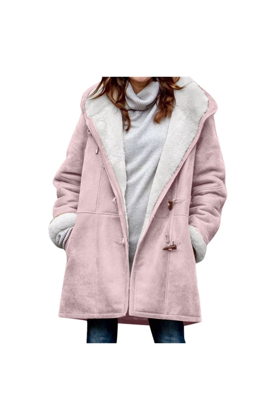 Womens Plus Size Winter Coats, Warm Fleece Lined Fuzzy Jackets Hooded Parka Suede Peacoat Horn Button Outerwear Plus Size Winter Jacket 3XL