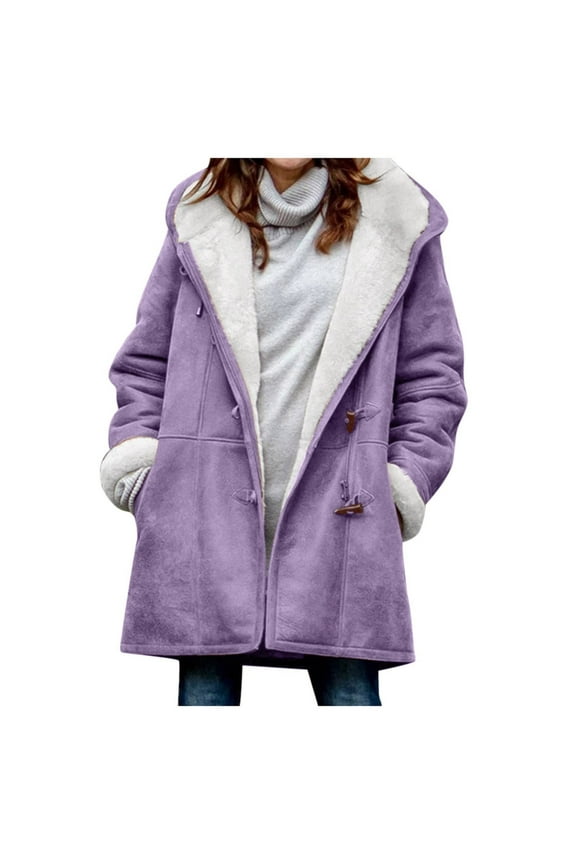 Womens Plus Size Winter Coats Warm Sherpa Fleece Lined Jackets Hooded Parka Faux Suede Pea Coat Outerwear