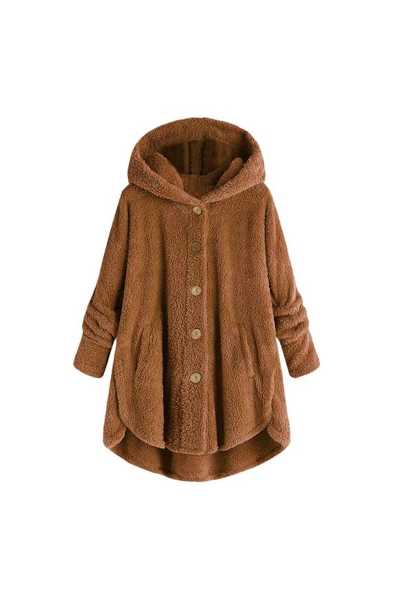Womens Plus Size Winter Coats with Hooded S-5X Fleece Casual Long Sleeve Button Up Jackets Solid Warm Wool Irregular Hem Outerwear Coat Clearance