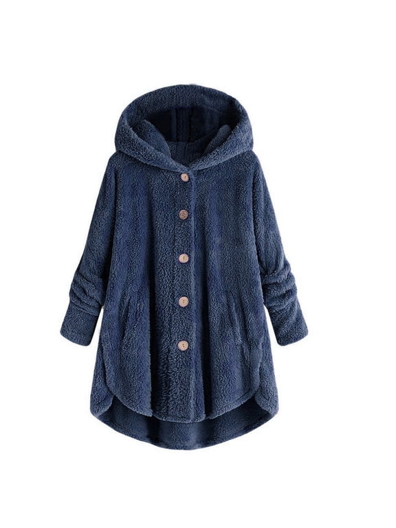 Womens Plus Size Winter Coats with Hooded S-5X Fleece Casual Long Sleeve Button Up Jackets Solid Warm Wool Irregular Hem Outerwear Coat