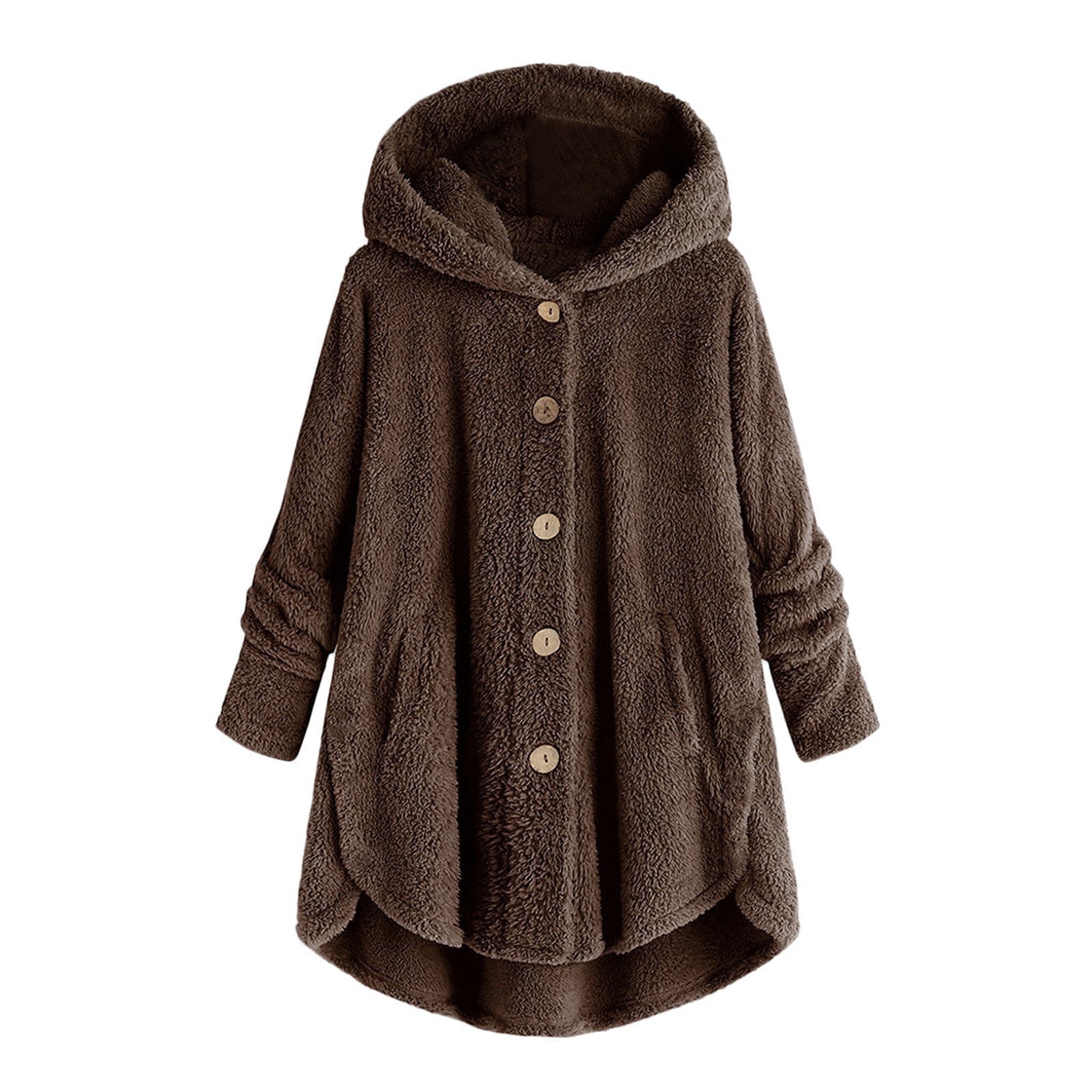 Womens Plus Size Winter Coats with Hooded S-5X Fleece Casual Long Sleeve Button Up Jackets Solid Warm Wool Irregular Hem Outerwear Coat