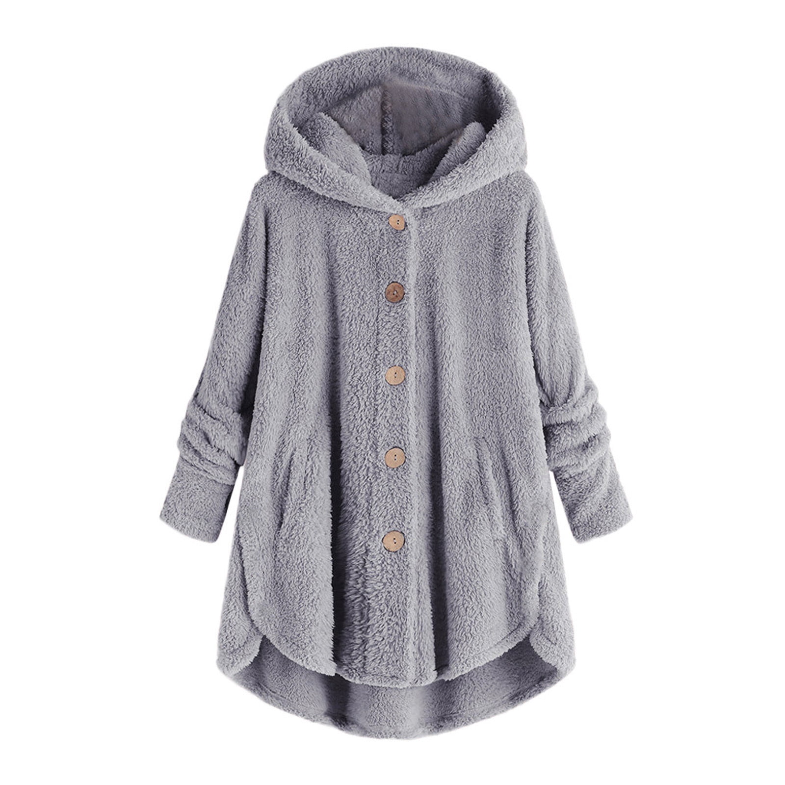 Womens Plus Size Winter Coats with Hooded S-5X Fleece Casual Long Sleeve Button Up Jackets Solid Warm Wool Irregular Hem Outerwear Coat
