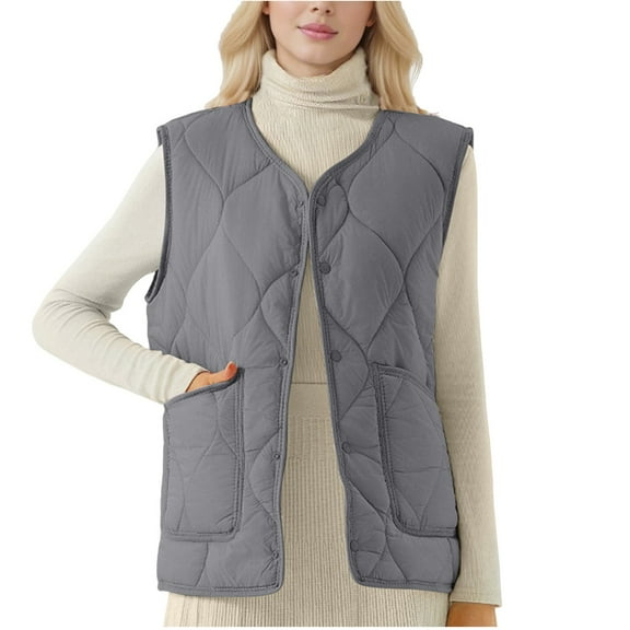 Womens Plus Size Winter Vest Fleece Fall Warm Sleeveless Quilted Jackets Thicken Button Down Padded Outerwear Coat Dark Gray, 4XL
