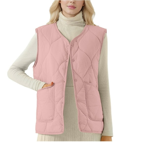 Womens Plus Size Winter Vest Fleece Fall Warm Sleeveless Quilted Jackets Thicken Button Down Padded Outerwear Coat Pink, 3XL