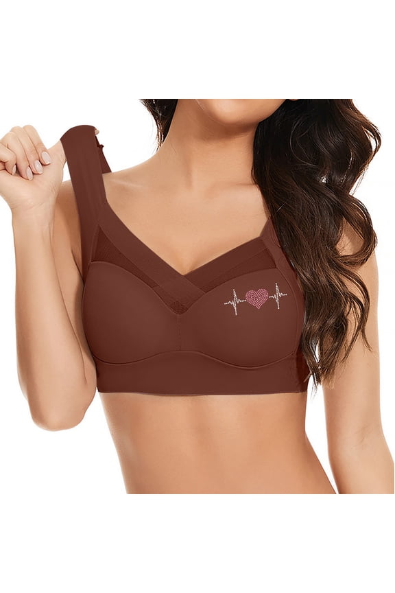 Womens Plus Size Wireless Bras Rhinestones Heart Print Full Support Breathable Comfy Push Up Everyday Bralette