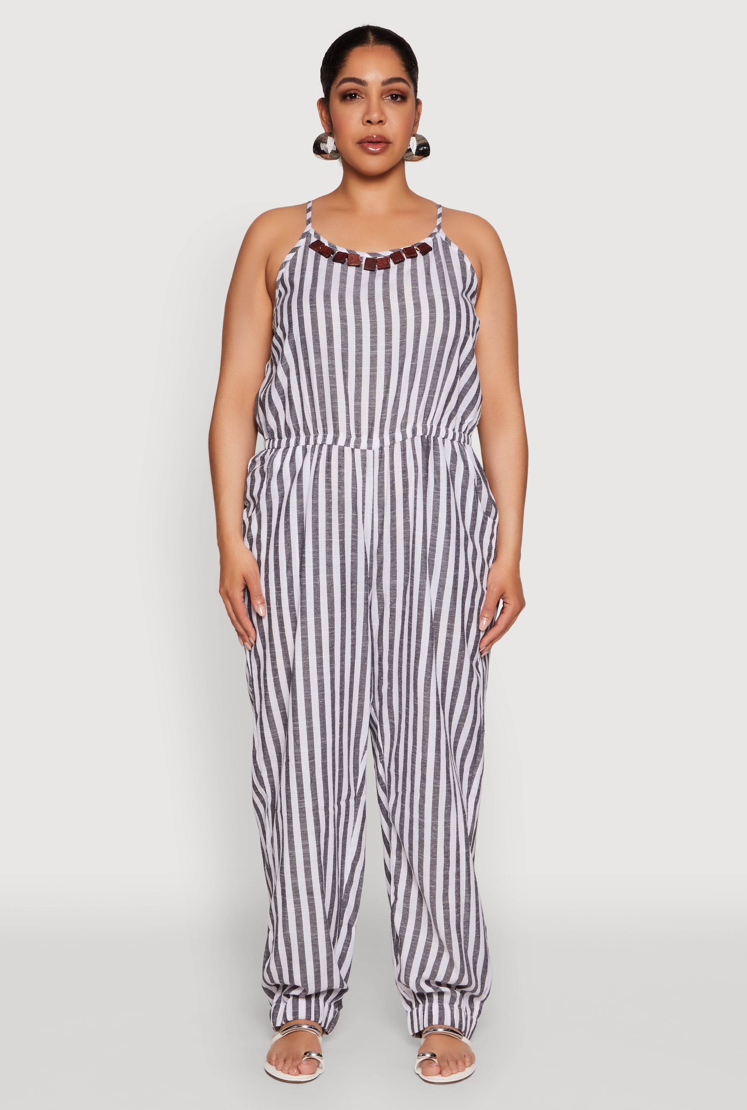 Womens Plus Size Wooden Beaded Detail Striped Jumpsuit