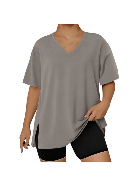 Womens Plus Size Workout Tops, Short Sleeve Shirts for Women Summer Oversized Casual Solid Color Side Slit V Neck T-Shirts