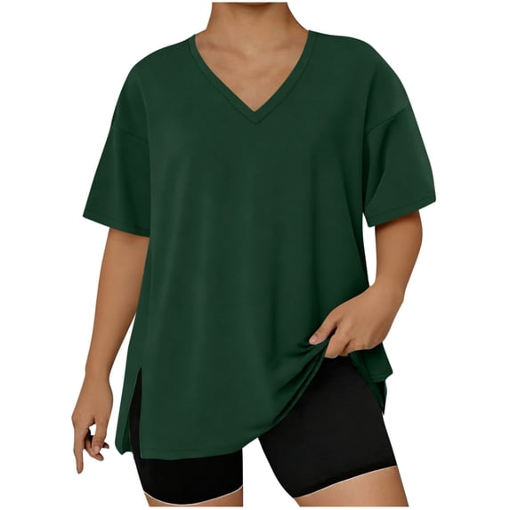 Womens Plus Size Workout Tops, Short Sleeve Shirts for Women Summer Oversized Casual Solid Color Side Slit V Neck T-Shirts