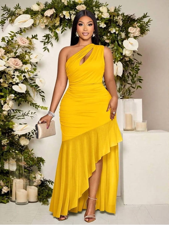 Womens Plus Size Yellow One Shoulder Hollow Asymmetric High-Low Maxi Dress For Evening Party Wedding Guest