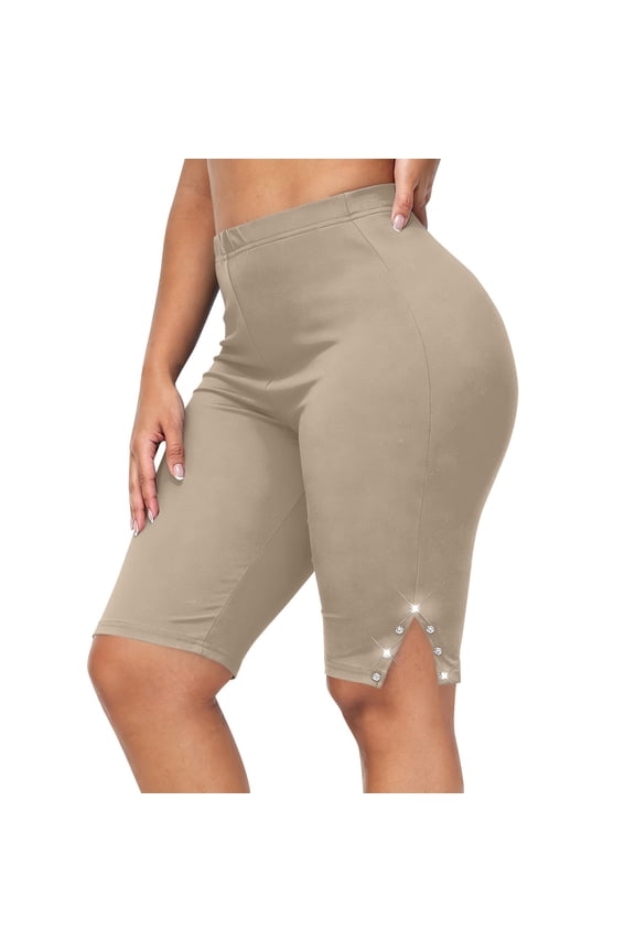 Womens Plus Size Yoga Shorts, Solid Color High Waist Hip up Side Split Fitness Sport Shorts Beige 5XL