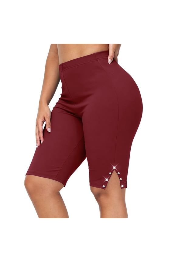 Womens Plus Size Yoga Shorts, Solid Color High Waist Hip up Side Split Fitness Sport Shorts Red 5XL