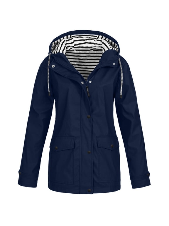 Womens Plus Size Zipper Up Jackets with Hooded Pockets S-5X Casual Waterproof Raincoats Solid Stripe Lined Long Sleeve Outerwear Coats