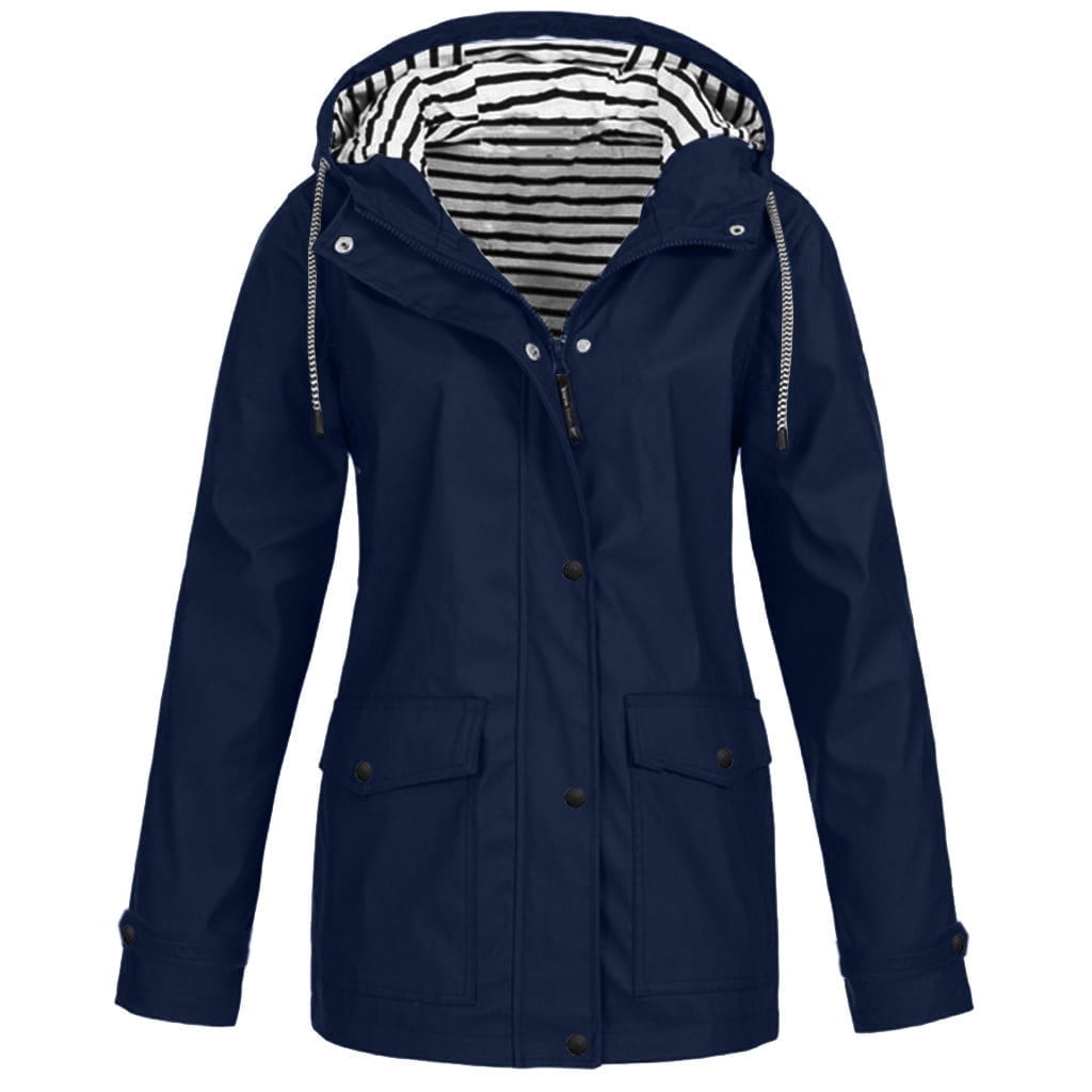Womens Plus Size Zipper Up Jackets with Hooded Pockets S-5X Casual Waterproof Raincoats Solid Stripe Lined Long Sleeve Outerwear Coats