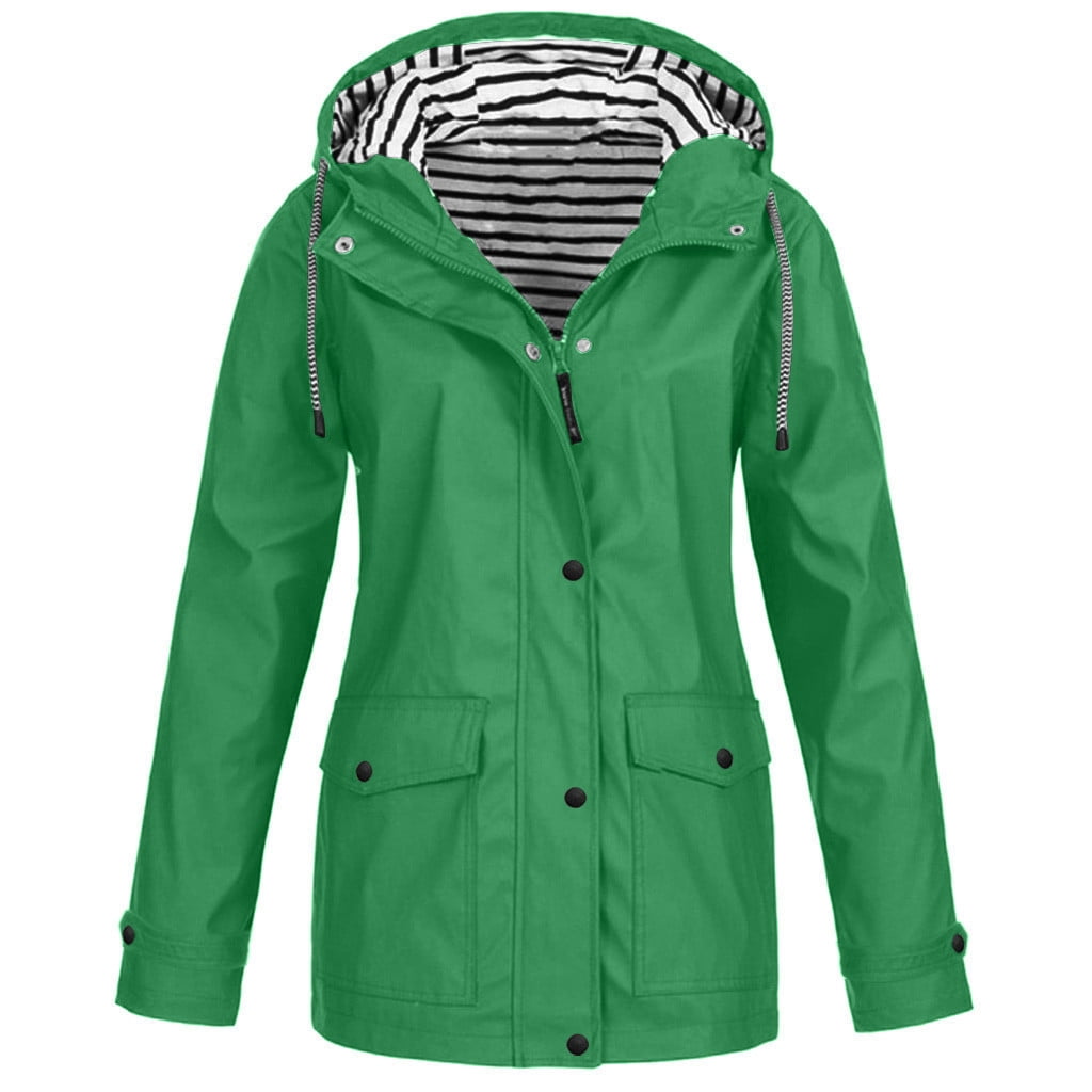 Womens Plus Size Zipper Up Jackets with Hooded Pockets S-5X Casual Waterproof Raincoats Solid Stripe Lined Long Sleeve Outerwear Coats