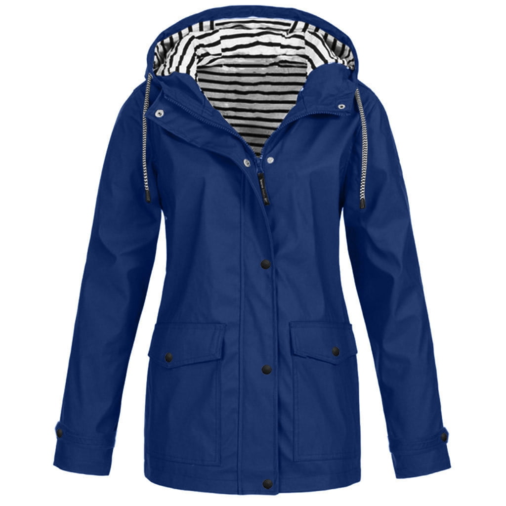 Womens Plus Size Zipper Up Jackets with Hooded Pockets S-5X Casual Waterproof Raincoats Solid Stripe Lined Long Sleeve Outerwear Coats