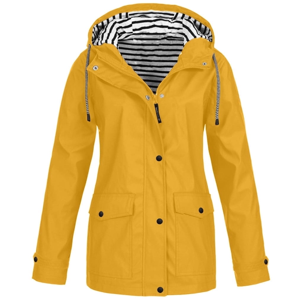 Womens Plus Size Zipper Up Jackets with Hooded Pockets S-5X Casual Waterproof Raincoats Solid Stripe Lined Long Sleeve Outerwear Coats