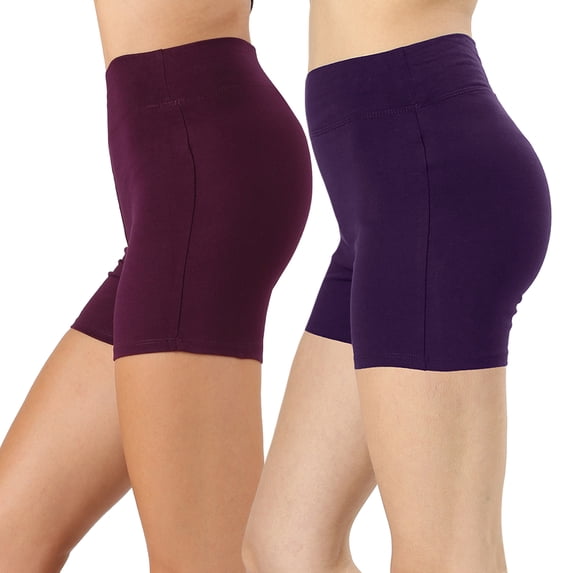 Womens & Plus Soft Cotton Stretch High Waist Sports Short Pants with Wide Waist Band (2PK: DK PLUM/DK PURPLE, 1X)