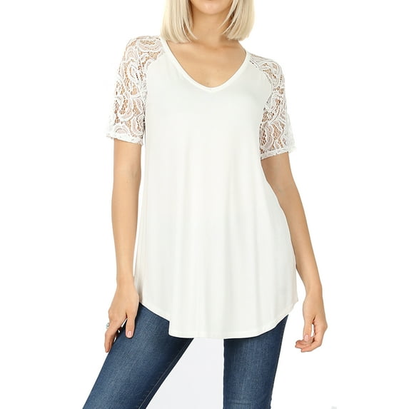 Womens & Plus Soft Rayon Lace Short Sleeve V-Neck Round Hem Casual Tee Shirt Top (IVORY, M)