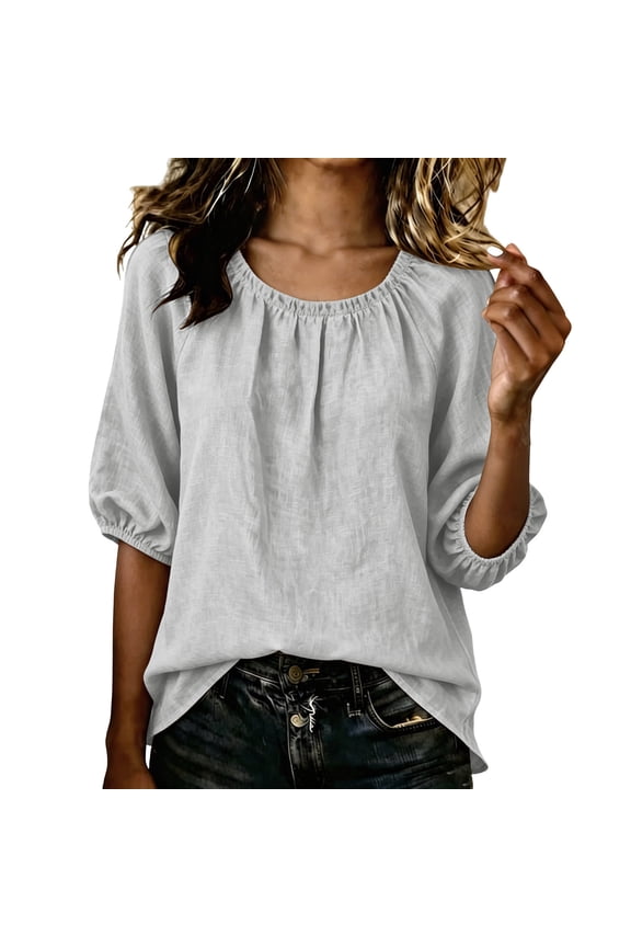Womens Plus Stretch 3/4 Raglan Puff Sleeve Shirts, Ruched Round Neck Loose Fit Curved Hem Blouse for Business Casual Work Office